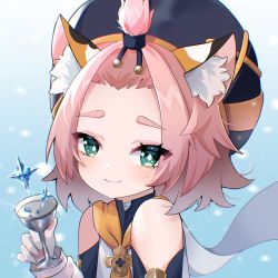 Rule 34 | 1girl, :o, animal ear fluff, animal ears, bare shoulders, blush, cabbie hat, cat ears, child, cup, diona (genshin impact), face, genshin impact, green eyes, hair ornament, half-closed eyes, hat, highres, pink hair, smile, solo