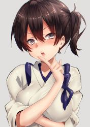 Rule 34 | 10s, 1girl, brown eyes, brown hair, finger to mouth, hair between eyes, index finger raised, japanese clothes, kaga (kancolle), kantai collection, keita (tundereyuina), long hair, looking at viewer, open mouth, short hair, side ponytail, solo