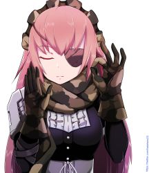 Rule 34 | 1girl, armor, black shirt, camouflage gloves, closed eyes, cz2128 delta, dress shirt, eyepatch, facing viewer, hh 101, highres, long hair, long sleeves, maid headdress, meme, overlord (maruyama), pacha meme, pink hair, shirt, shoulder armor, simple background, solo, straight hair, the emperor&#039;s new groove, upper body, very long hair, white background