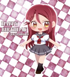 Rule 34 | 1girl, artist name, artist request, bare legs, black legwear, blush, breasts, brown eyes, brown footwear, brown hair, checkered background, chibi, collarbone, collared shirt, female focus, full body, grey sailor collar, grey skirt, hair between eyes, hair ornament, hairclip, half updo, highres, long hair, looking at viewer, love live!, love live! sunshine!!, miniskirt, neckerchief, necktie, orange eyes, outstretched arms, parted lips, plaid, plaid skirt, pleated, pleated skirt, red hair, red neckerchief, sailor collar, sakurauchi riko, school uniform, shirt, shoes, short sleeves, skirt, small breasts, smile, solo, spread arms, standing, tie clip, uranohoshi school uniform, white shirt, yellow eyes