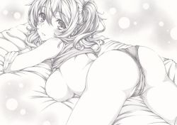 Rule 34 | 1girl, ass, breasts, clothes lift, graphite (medium), greyscale, kantai collection, kashima (kancolle), legs, long hair, looking at viewer, looking back, lying, mikuro, monochrome, on stomach, panties, shirt lift, sideboob, solo, tank top, traditional media, underwear