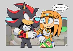 Rule 34 | 1boy, 1girl, armlet, blue eyes, crossed arms, cylent nite, furry, furry female, furry male, gloves, grey background, looking at another, master emerald, midriff, outline, red eyes, shadow the hedgehog, signature, sonic (series), sonic adventure, tikal the echidna, white fur, white gloves, white outline