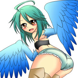 Rule 34 | 10s, 1girl, ahoge, aqua hair, ass, bad anatomy, bad id, bad pixiv id, blue hair, blue wings, blush, brown eyes, cutoffs, denim, denim shorts, feathered wings, female focus, harpy, huge ass, looking back, moai ex, monster girl, monster musume no iru nichijou, papi (monster musume), shorts, simple background, smile, solo, strapless, thick thighs, thighhighs, thighs, tube top, white background, wide hips, winged arms, wings