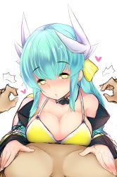 Rule 34 | 1girl, ^^^, bikini, blue hair, breasts, cleavage, commentary request, detached collar, fate/grand order, fate (series), heart, highres, horns, kiyohime (fate), kiyohime (fate/grand order), kiyohime (swimsuit lancer) (fate), kiyohime (swimsuit lancer) (first ascension) (fate), large breasts, long hair, long sleeves, looking at viewer, parted lips, sidelocks, simple background, solo focus, swimsuit, watari1118, white background, yellow bikini, yellow eyes