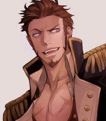 Rule 34 | 1boy, bara, beard, blue eyes, brown hair, close-up, collar, cropped torso, epaulettes, facial hair, fate/grand order, fate (series), fringe trim, goatee, highres, jacket, long sideburns, looking to the side, pectoral cleavage, male focus, manly, military, military uniform, muscular, napoleon bonaparte (fate), open clothes, open jacket, open mouth, open shirt, pectorals, raised eyebrow, scar, shoujosuke, sideburns, simple background, smile, solo, unbuttoned, uniform, upper body