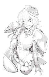 Rule 34 | 1girl, abyssal ship, armor, blood, bloody tears, breasts, commentary request, cowboy shot, crossover, genetic (ragnarok online), greyscale, grin, hair between eyes, kantai collection, living clothes, long bangs, looking at viewer, mask, mask on head, messy hair, midriff, miniskirt, monochrome, navel, pauldrons, ragnarok online, re-class battleship, sharp teeth, short hair, shoulder armor, simple background, skirt, small breasts, smile, solo, teeth, tongue, tugmix, vambraces