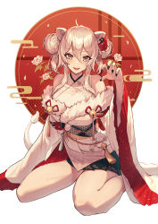 Rule 34 | 1girl, absurdres, ahoge, animal ears, asa no ha (pattern), bare legs, bell, black nails, blush, breasts, claw pose, commentary, double bun, ear piercing, egasumi, fangs, floral print, flower, full body, fur-trimmed kimono, fur trim, grey eyes, hair between eyes, hair bun, hair flower, hair ornament, highres, hololive, japanese clothes, kimono, large breasts, lion ears, lion tail, looking at viewer, mazel (mazel star), medium hair, nail polish, obi, off shoulder, official alternate costume, open mouth, piercing, polka dot, polka dot background, red background, sash, shishiro botan, shishiro botan (new year), silver hair, simple background, sitting, smile, solo, symbol-only commentary, tail, tassel, thighs, uroko (pattern), virtual youtuber, wariza, white background, white kimono, wide sleeves