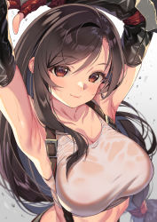 Rule 34 | 1girl, armpits, arms up, breasts, brown hair, cleavage, earrings, final fantasy, final fantasy vii, fingerless gloves, gloves, highres, jewelry, kink (tortoiseshell), large breasts, long hair, low-tied long hair, orange eyes, shirt, solo, suspenders, sweat, tank top, taut clothes, taut shirt, tifa lockhart, wet, wet clothes, wet shirt