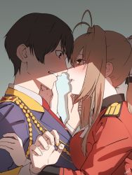 Rule 34 | 10s, 1boy, 1girl, aiguillette, amagi brilliant park, amino (tn7135), antenna hair, bad id, bad pixiv id, blush, brown eyes, brown hair, epaulettes, eye contact, from side, hand on another&#039;s face, hetero, imminent kiss, kanie seiya, long hair, looking at another, military, military uniform, parted lips, ponytail, sento isuzu, sidelocks, uniform, upper body