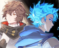 Rule 34 | 2boys, ahoge, alternate costume, artist name, black gloves, black jacket, blue eyes, blue hood, brown eyes, brown hair, commentary request, envelope, floating hair, gloves, glowing, glowing eyes, gradient background, gran (granblue fantasy), granblue fantasy, hair between eyes, holding, holding envelope, hood, hood down, jacket, light particles, looking at viewer, looking back, looking to the side, messy hair, multiple boys, official alternate costume, official alternate hair color, official alternate hairstyle, parted lips, pota (bluegutty), sandalphon (granblue fantasy), sandalphon (valentine) (granblue fantasy), short hair, signature, sweater, turtleneck, turtleneck sweater, twitter username, valentine, white sweater
