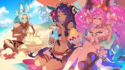 Rule 34 | 1boy, 2girls, animal ears, aqua eyes, armband, artist request, bare shoulders, beach, black hair, black male swimwear, black swim trunks, blue hair, blue sky, bow, brain freeze, breasts, cleavage, cleo (dragalia lost), closed eyes, cloud, commentary, company name, crab, dark skin, day, dragalia lost, drink, eating, flower, food, fruit, gradient hair, hair bow, hair flower, hair ornament, headband, ice cream, jewelry, large breasts, light green hair, long hair, luca (dragalia lost), male swimwear, medium breasts, multicolored hair, multiple girls, musical note, navel, necklace, official art, palm tree, pineapple, pineapple slice, pink hair, rabbit ears, sand castle, sand sculpture, shade, shore, sideways glance, sitting, sky, smile, spoken musical note, summer, swim trunks, swimsuit, thighs, tree, twintails, umbrella, verica, very long hair, watermark