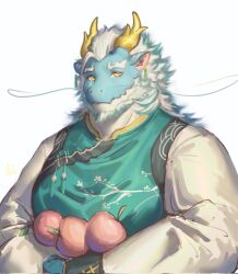 Rule 34 | 1boy, 2024, alternate costume, aqua skin, bara, beard, chinese zodiac, colored skin, dragon boy, facial hair, food, fruit, full beard, furry, furry male, highres, holding, holding food, long hair, long mustache, male focus, mature male, moaoxnx, peach, pectorals, qinglong (housamo), simple background, solo, thick beard, thick eyebrows, tokyo houkago summoners, two-tone beard, unfinished, upper body, white background, year of the dragon, yellow eyes