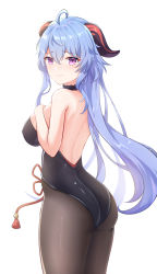 Rule 34 | 1girl, absurdres, ahoge, artist request, ass, bare shoulders, black pantyhose, blue hair, blush, bodysuit, breasts, embarrassed, from behind, ganyu (genshin impact), genshin impact, goat horns, highres, horns, large breasts, leotard, long hair, looking at viewer, pantyhose, purple eyes, shiny clothes, shiny skin, sideboob, solo, very long hair, wavy mouth, white background