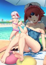 Rule 34 | ass, back, bare shoulders, benienma (fate), benienma (summer enma-tei) (fate), bikini, blue one-piece swimsuit, blush, breasts, cameltoe, clothes pull, fate/grand order, fate (series), feet, hair ribbon, heart, heart-shaped pupils, kama (fate), kama (summer enma-tei) (fate), legs, long hair, looking at viewer, low ponytail, miniskirt, nipples, norman (shiohama workshop), one-piece swimsuit, one-piece swimsuit pull, parted bangs, purple bikini, purple skirt, red eyes, red hair, ribbon, short hair, sideways mouth, silver hair, sitting, skirt, small breasts, sparkle, standing, summer enma-tei, swim cap, swimsuit, symbol-shaped pupils, teeth, thighs, toes, upper teeth only