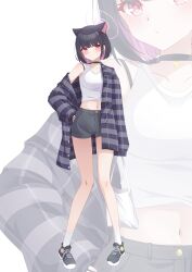 Rule 34 | 1girl, absurdres, animal ears, black choker, black hair, blue archive, breasts, cat ears, choker, halo, hand on own hip, highres, kazusa (blue archive), looking at viewer, midriff, navel, plaid, plaid shirt, purple eyes, shira jun, shirt, shoes, short hair, shorts, small breasts, sneakers, solo, tank top, white background