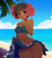 Rule 34 | 1girl, artist name, beach, blue eyes, blue skirt, blue sky, blue tube top, blush, brown hair, cleft of venus, clothes lift, cloud, creatures (company), dark-skinned female, dark skin, day, finger to mouth, flower, game freak, hair flower, hair ornament, highres, looking at viewer, navel, nintendo, no panties, outdoors, palm tree, phoebe (pokemon), pink flower, pokemon, pokemon rse, pussy, sataen, skirt, skirt lift, sky, solo, strapless, teasing, tree, tube top, upskirt, water