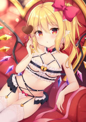 Rule 34 | 1girl, arm support, bare shoulders, black skirt, blonde hair, bow, breasts, candy, chocolate, chocolate heart, flandre scarlet, food, frills, glint, hair between eyes, hair bow, heart, highres, key, long hair, looking at viewer, microskirt, miy@, panties, pointy ears, red bow, red eyes, side ponytail, sitting, skirt, small breasts, solo, thighhighs, touhou, underwear, valentine, white panties, white thighhighs, wings