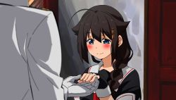 Rule 34 | 10s, 1boy, 1girl, admiral (kancolle), ahoge, anime coloring, blue eyes, blurry, blush, braid, brown hair, depth of field, fingerless gloves, gloves, hair ornament, hairclip, highres, jewelry, kantai collection, light smile, matatabeat, personification, ring, shigure (kancolle), single braid, solo focus, wedding band