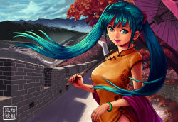 Rule 34 | 1girl, aqua hair, autumn leaves, bangle, bracelet, braid, breasts, brick wall, china, china dress, chinese clothes, commission, day, dress, earrings, floating hair, flower, great wall of china, green eyes, green hair, hair flower, hair ornament, hatsune miku, highres, holding, holding umbrella, jewelry, lipstick, long hair, looking at viewer, makeup, making-of available, mascara, matching hair/eyes, medium breasts, mountain, nail polish, oil-paper umbrella, outdoors, pink lips, red nails, ryu shou, shadow, shawl, side braid, signature, sky, sleeveless, sleeveless dress, smile, solo, sunlight, tree, twintails, umbrella, vocaloid, wall, wind