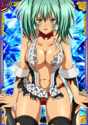 Rule 34 | 00s, 1girl, breasts, cleavage, dark-skinned female, dark skin, female focus, green eyes, green hair, ikkitousen, large breasts, long hair, matching hair/eyes, open mouth, panties, red panties, ryofu housen, sitting, solo, torn clothes, twintails, underwear