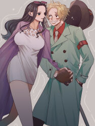 Rule 34 | 1boy, 1girl, black hair, blonde hair, blue eyes, breasts, cardigan, coat, commentary request, dress, gloves, goggles, goggles on headwear, grin, hand in pocket, hat, highres, holding hands, interlocked fingers, large breasts, long hair, looking at another, male focus, necktie, nico robin, nsgw, one piece, one piece: stampede, parted lips, purple cardigan, sabo (one piece), scar, scar across eye, scar on face, shirt, short hair, smile, sunglasses, teeth, top hat, white dress, white necktie