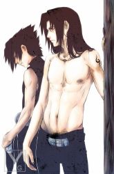 Rule 34 | 2boys, arm support, bare shoulders, black eyes, black hair, brother, brothers, family, headband, incest, jewelry, long hair, multiple boys, muscular, nail polish, naruto, naruto (series), navel, necklace, nipples, pants, pubic hair, red eyes, scar, short hair, siblings, simple background, standing, tattoo, topless male, uchiha itachi, uchiha sasuke, yanagoya, yaoi
