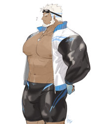 1boy, abs, aegir (tokyo houkago summoners), alternate costume, aqua hair, bara, bare pecs, beard, bulge, dark skin, dark skinned male, eyes closed, facial hair, feet out of frame, fins, from side, goggles, goggles on head, gomtang, jammers, large pectorals, lifeguard, male focus, male swimwear, mature male, multicolored hair, muscular, muscular male, navel, navel hair, nipples, profile, short hair, skin tight, solo, stomach, streaked hair, swimwear, thick thighs, thighs, tokyo houkago summoners, whistle, whistle around neck, white hair