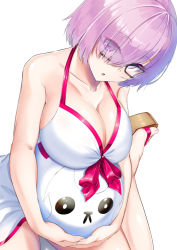 Rule 34 | 1girl, ball, bare shoulders, beachball, black-framed eyewear, blush, breasts, cleavage, collarbone, dress swimsuit, fate/grand order, fate (series), fou (fate), glasses, hair over one eye, highres, kasappi, large breasts, light purple hair, looking at viewer, mash kyrielight, mash kyrielight (swimsuit of perpetual summer), official alternate costume, one-piece swimsuit, open mouth, pink ribbon, purple eyes, ribbon, riyo (lyomsnpmp) (style), sandals, short hair, simple background, sitting, swimsuit, wariza, white background, white one-piece swimsuit