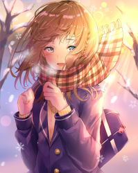 Rule 34 | 1girl, arms up, bag, bare tree, blazer, blue eyes, blue jacket, blurry, blurry background, braid, breath, brown hair, carrying over shoulder, charm (object), clenched hands, commentary request, day, depth of field, gradient sky, hair blowing, highres, hono75874007, jacket, lens flare, looking at viewer, open mouth, original, outdoors, plaid, plaid scarf, scarf, school bag, school uniform, short hair, sky, snow, snowflakes, solo, sunset, sweater, tree, twin braids, upper body, wind, wind lift