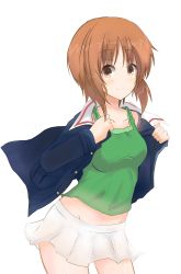 Rule 34 | 10s, 1girl, blue jacket, blush, brown eyes, brown hair, cowboy shot, dressing, eve (kenzen), girls und panzer, green shirt, highres, jacket, light smile, long sleeves, looking at viewer, military, military uniform, miniskirt, nishizumi miho, open clothes, open jacket, pleated skirt, shirt, short hair, simple background, skirt, solo, standing, tank top, uniform, white background, white skirt