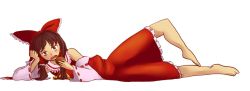 Rule 34 | 1girl, ascot, bad id, bad tumblr id, barefoot, bored, bow, bread, brown eyes, brown hair, detached sleeves, eating, food, full body, hair bow, hair tubes, hakurei reimu, jitome, kia (tumblr), lying, on side, open mouth, solo, touhou, transparent background