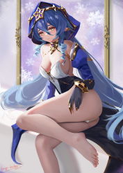 Rule 34 | 1girl, absurdres, bare legs, barefoot, black gloves, blue hair, breasts, bright pupils, claw ring, cleavage, closed mouth, dated, detached sleeves, drill hair, drill sidelocks, feet, genshin impact, gloves, hair between eyes, hand on own thigh, highres, juliet sleeves, layla (genshin impact), leaning to the side, long sleeves, medium breasts, meginalter, no pants, orange eyes, puffy sleeves, sidelocks, signature, sitting, solo, thighs, toes, twin drills, white pupils