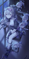 Rule 34 | 5girls, absurdres, arm support, armchair, assault rifle, bandaid on thigh, black footwear, black gloves, black shorts, blurry, building, chair, chibi, choker, commentary, cropped jacket, curtains, depth of field, drill hair, dual wielding, english commentary, eyepatch, fingerless gloves, fishnet socks, fishnets, gloves, goggles, goggles on head, grey eyes, grey hair, gun, hair between eyes, hair ornament, hair ribbon, hairclip, handgun, head rest, headband, highres, holding, holding gun, holding shield, holding staff, holding sword, holding weapon, honkai: star rail, honkai (series), indoors, jacket, long hair, long sleeves, looking at viewer, midriff, mini person, minigirl, multiple girls, multiple persona, night, night sky, open clothes, open jacket, ponytail, ribbon, rifle, shield, shoes, short shorts, short sleeves, shorts, sidelocks, silver wolf (honkai: star rail), sitting, size difference, sky, skyline, skyscraper, socks, solo focus, staff, star (sky), starry sky, sunglasses, sword, thighlet, weapon, white choker, window, wooden floor, wristband, zx961219