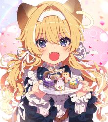 Rule 34 | 1girl, :d, animal ears, blonde hair, blush, dress, food, frilled dress, frills, hair ribbon, hairband, highres, holding, holding plate, lion ears, lion girl, long hair, looking at viewer, mamyouda, noripro, open mouth, plate, purple eyes, regrush lionheart, ribbon, smile, solo, sweets, virtual youtuber, white hairband, white ribbon