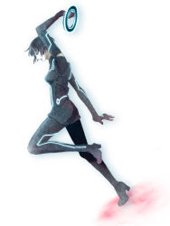Rule 34 | 1girl, bad id, bad pixiv id, black hair, bodysuit, breasts, chakram, dutch angle, full body, high heels, identity disk, iso, marow, neon lights, neon trim, olivia wilde, quorra, science fiction, shoes, short hair, simple background, solo, tron, tron: legacy, tron legacy, weapon