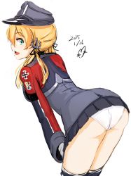 Rule 34 | 10s, 1girl, 2015, anchor hair ornament, aqua eyes, ass, black thighhighs, blonde hair, breasts, cleavage, cowboy shot, dated, gloves, hair ornament, hat, kantai collection, leaning forward, long sleeves, looking at viewer, looking back, low twintails, microskirt, military, military uniform, momo (higanbana and girl), open mouth, panties, peaked cap, pleated skirt, prinz eugen (kancolle), profile, simple background, sketch, skirt, smile, solo, thighhighs, twintails, underwear, uniform, white background, white gloves, white panties