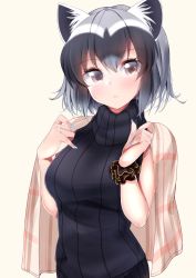 Rule 34 | 1girl, animal ear fluff, animal ears, black hair, black scrunchie, black sweater, blue nails, bob cut, casual, closed mouth, commentary, common raccoon (kemono friends), grey hair, highres, kemono friends, kinou no shika, light frown, looking at viewer, multicolored hair, nail polish, on shoulder, raccoon ears, ribbed sweater, scrunchie, shawl, short hair, simple background, sleeveless, sleeveless sweater, solo, standing, sweater, symbol-only commentary, turtleneck, upper body, wrist scrunchie