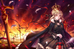 Rule 34 | 1girl, artoria pendragon (fate), black dress, blonde hair, braid, breasts, cape, cleavage, corset, crown, dress, excalibur morgan (fate), fate/stay night, fate (series), field of blades, frills, fur cape, hair ribbon, hand on hilt, hands on hilt, medium breasts, planted sword, planted, ribbon, saber (fate), saber alter, short hair, solo, sword, tidsean, weapon, yellow eyes