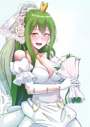 Rule 34 | 1girl, absurdres, bare shoulders, blush, bouquet, breasts, bridal gauntlets, bridal veil, bride, cleavage, crown, detached sleeves, dress, elbow gloves, flower, girls&#039; frontline, gloves, green hair, hair between eyes, hair ornament, highres, holding, holding bouquet, jewelry, lamina, large breasts, long hair, looking away, m950a (girls&#039; frontline), m950a (the warbler and the rose) (girls&#039; frontline), mini crown, necklace, official alternate costume, open mouth, sidelocks, simple background, smile, solo, veil, very long hair, wedding dress, white background, white dress, white gloves, yellow eyes