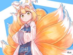 Rule 34 | 1girl, :/, animal hat, artist name, blonde hair, blue background, blunt bangs, bright pupils, cowboy shot, dress, drop shadow, expressionless, fox tail, hands in opposite sleeves, hat, highres, long sleeves, looking at viewer, mob cap, multiple tails, ofuda, red eyes, short hair, simple background, solo, standing, tabard, tail, tassel, touhou, two-tone background, white background, white dress, white pupils, yakumo ran, zanasta0810