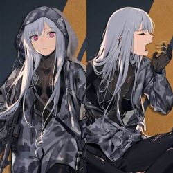 Rule 34 | 1girl, ak-12, ak-12 (faint light of furthest day) (girls&#039; frontline), ak-12 (girls&#039; frontline), assault rifle, black gloves, closed eyes, commentary request, girls&#039; frontline, gloves, gun, helpingdoge, holding, holding gun, holding weapon, hood, hoodie, kalashnikov rifle, long hair, looking at viewer, official alternate costume, open mouth, pants, pink eyes, rifle, sidelocks, sitting, tactical clothes, torn clothes, torn pants, weapon, yawning