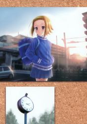 Rule 34 | 1girl, absurdres, analog clock, bag, brown hair, clock, day, goto p, hairband, hand in pocket, hands in pockets, highres, huge filesize, jacket, k-on!, long sleeves, outdoors, scan, school bag, short hair, skirt, solo, tainaka ritsu, track jacket