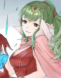 Rule 34 | 1girl, absurdres, bracelet, breasts, cape, cleavage, commentary request, dragonstone, dress, fire emblem, fire emblem awakening, floating, floating object, gloves, green eyes, green hair, grey background, grin, hair ornament, head tilt, high collar, highres, jewelry, long hair, medium breasts, nintendo, pink cape, pointy ears, ponytail, red dress, red gloves, sakura no yoru, sidelocks, simple background, sleeveless, sleeveless dress, smile, solo, tiki (adult) (fire emblem), tiki (fire emblem), twitter username