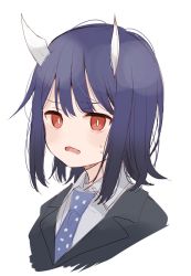 Rule 34 | 1girl, aoki ruri, black hair, black jacket, blue necktie, collared shirt, commentary request, cropped torso, fang, highres, horns, jacket, looking at viewer, meito (maze), necktie, open mouth, polka dot necktie, ruri dragon, shirt, simple background, solo, sweat, upper body, white background, white shirt