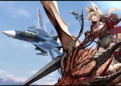 Rule 34 | 1girl, animal ears, aqua eyes, armor, armored dress, black footwear, black gloves, black hairband, blue sky, blurry, blurry background, boots, breastplate, capelet, cloud, cloudy sky, day, depth of field, dragon, dragon riding, dress, f-14 tomcat, flying, gauntlets, gloves, hairband, kiryuu takahisa, letterboxed, light brown hair, long sleeves, medium dress, medium hair, multiple others, original, outdoors, panties, panty peek, pelvic curtain, pilot, red capelet, roundel, sky, solo focus, thigh boots, thighhighs, underwear, white panties