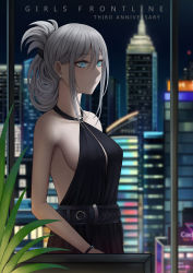 Rule 34 | 1girl, an-94 (girls&#039; frontline), an-94 (silent rouge) (girls&#039; frontline), bad id, bad pixiv id, belt, black dress, blue eyes, bow, breasts, city, dress, earrings, girls&#039; frontline, hair bow, hair ornament, highres, jewelry, long hair, looking away, medium breasts, official alternate costume, selcky, silver hair, solo, speech bubble
