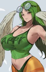 Rule 34 | 1girl, ashiomi masato, bare shoulders, breasts, cleavage, clothes writing, crop top, eyewear on head, feathered wings, feathers, green hair, green tank top, harpy, highres, large breasts, long hair, looking at viewer, midriff, monet (one piece), monster girl, navel, one piece, see-through, see-through shirt, smile, solo, striped clothes, tank top, winged arms, wings, yellow eyes