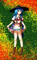 Rule 34 | 1girl, bare legs, blue hair, clothes lift, dress, dress lift, hat, highres, hinanawi tenshi, long hair, puffy short sleeves, puffy sleeves, red eyes, short sleeves, smile, solo, touhou, welt (kinsei koutenkyoku)