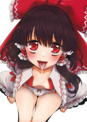 Rule 34 | 1girl, after fellatio, areola slip, black hair, blush, bow, bow panties, breasts, cameltoe, cum, cum in mouth, cum on tongue, cumdrip, detached sleeves, downblouse, fingernails, from above, hair bow, hair tubes, hakurei reimu, highres, looking up, namisaki yuka, open clothes, open mouth, panties, red eyes, scan, sidelocks, sitting, small breasts, solo, touhou, underwear