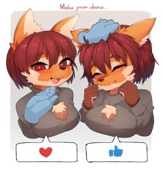 Rule 34 | 1girl, :3, ^ ^, absurdres, animal ear fluff, animal ears, animal nose, blush, bob cut, border, breasts, bright pupils, brown fur, brown hair, clenched hands, closed eyes, closed mouth, disembodied limb, emoji, english text, fang, female focus, furry, furry female, gradient background, grey background, grey sweater, half-closed eyes, hand on another&#039;s head, hands up, happy, headpat, heart, highres, long sleeves, looking at viewer, medium breasts, multicolored fur, multiple views, open mouth, orange fur, original, outside border, red eyes, short hair, sidelocks, simple background, smile, snout, speech bubble, spoken heart, spoken thumbs up, stroking another&#039;s chin, sweater, upper body, wavy mouth, white border, white fur, white pupils, wolf ears, wolf girl, wolf girl (yellowparrot), yellowparrot